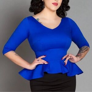 Pinup Couture Haley Peplum V-Neck Top in Royal Blue Size M